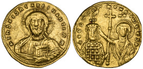 John I (969-976), histamenon, facing bust of Christ, rev., facing busts of the Virgin and John I, the Virgin crowning John while he holds a cross betw...