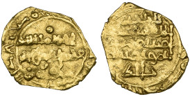 Taifa of Badajoz, al-Hajib Jalid, fractional dinar, date off-flan, citing Muwaffaq, fields similar to Prieto, Supplement, 141 (obverse) and 139 (rever...