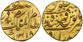 India, Hyderabad, Mir Mahbub Ali Khan (AH 1285-1329; AD 1869-1911), ashrafi, 1318/35, 11.17g (KM Y.22), single test mark on obverse, extremely fine or...