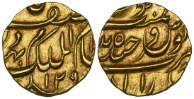 India, Hyderabad, Mir Mahbub Ali Khan (AH 1285-1329; AD 1869-1911), quarter-ashrafi, 129-, 2.77g (cf. KM Y.20), extremely fine, last digit of date mos...