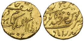 India, Hyderabad, Mir Mahbub Ali Khan (AH 1285-1329; AD 1869-1911), quarter-ashrafi, 1302/18, 2.77g (cf. KM Y.20), year mostly off flan extremely fine...