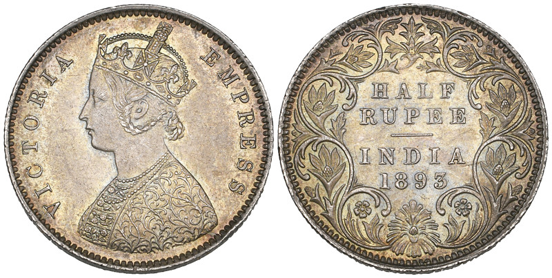 India, Victoria, half-rupee, 1893, Bombay, 5.83g (S & W 6.214), light bagmarks, ...