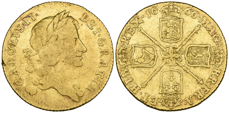 Charles II, guinea, 1666, third bust, plain below (S. 3342), with a small rim ni...