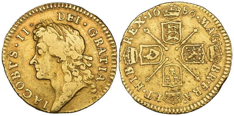 James II, half-guinea, 1686, plain below bust (S. 3404), several knocks and scra...