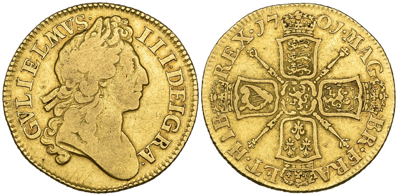 William III, guinea, 1701, second bust, plain below, rev., narrow crowns, with o...