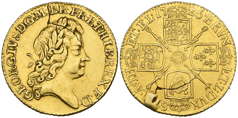 George I, guinea, 1726, fifth bust, 8.38g (S. 3633), a mis-struck coin with a se...