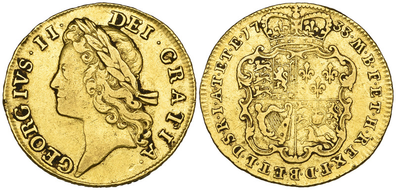 George II, guinea, 1733, second bust, with larger lettering (S. 3674), light tes...