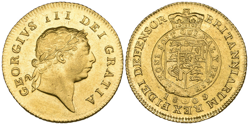 George III, half-guinea, 1809 (S. 3737), good extremely fine, with much original...