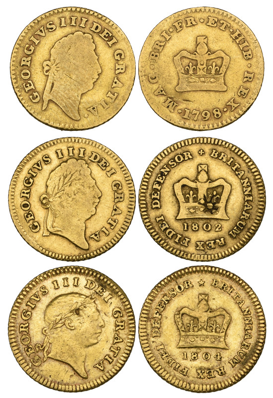 George III, third-guineas (3), 1798, 1802, 1804, all bent or with surface knocks...