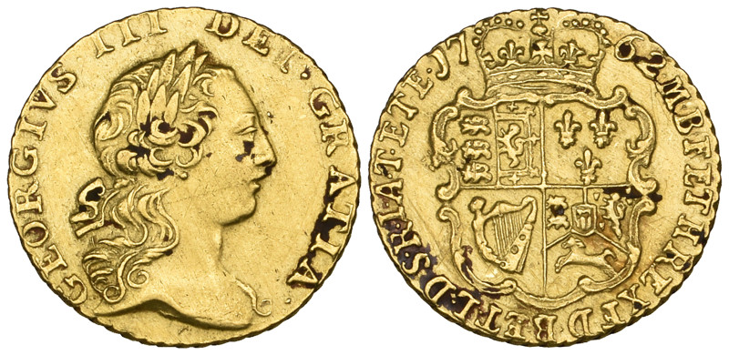 George III, quarter-guinea, 1762 (S. 3741) an excavated coin which has been inex...