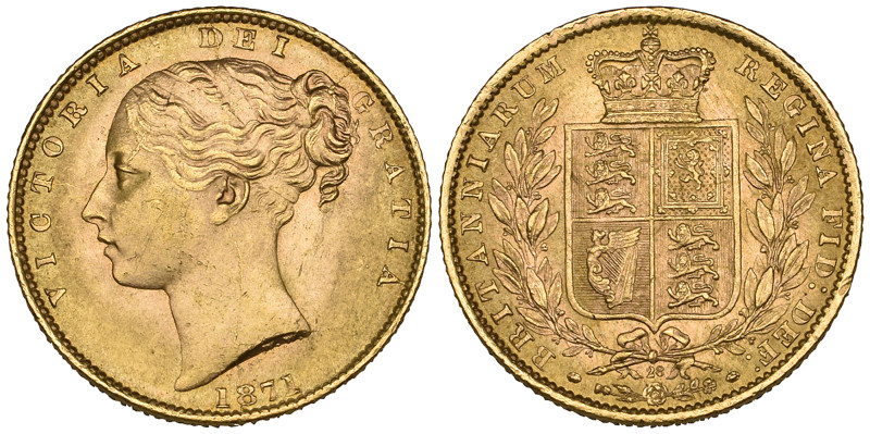 g Victoria, young head, shield type sovereign, 1871, die no. 28, almost as struc...