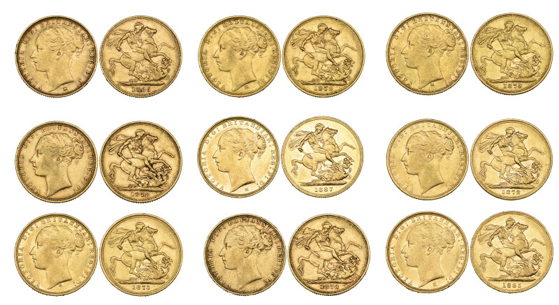 g Victoria, young head, St. George type sovereigns (9), various dates and mints,...