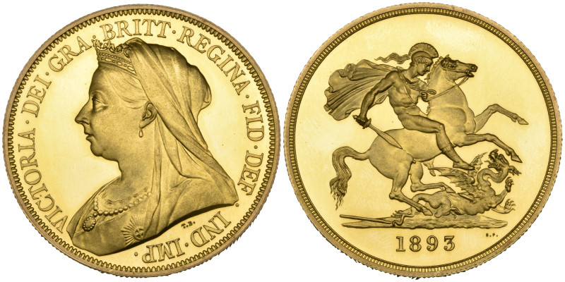 g Victoria, old head, proof five-pounds, 1893, very light hairlines, virtually a...