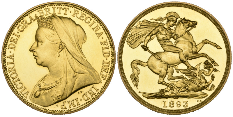 g Victoria, old head, proof two-pounds, 1893, very light hairlines, virtually as...