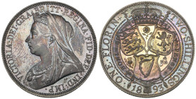 Victoria, old head, proof florin, 1893 (S. 3939), virtually mint state, with mottled toning on obverse and rich multicoloured toning on reverse, in NG...