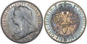 Victoria, old head, proof florin, 1893 (S. 3939), virtually mint state, blue toning on obverse and rich multicoloured toning on reverse, in NGC holder...