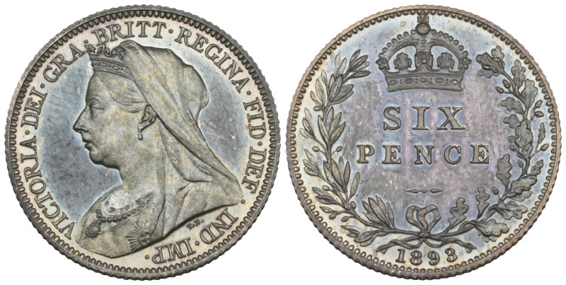 Victoria, old head, proof sixpence, 1893 (S. 3941), mint state, blue toning, in ...
