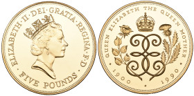 g Elizabeth II, 90th Birthday of the Queen Mother, 1990, crown struck in gold (S. L1), mint state, in case of issue

Estimate: 1400 - 1800