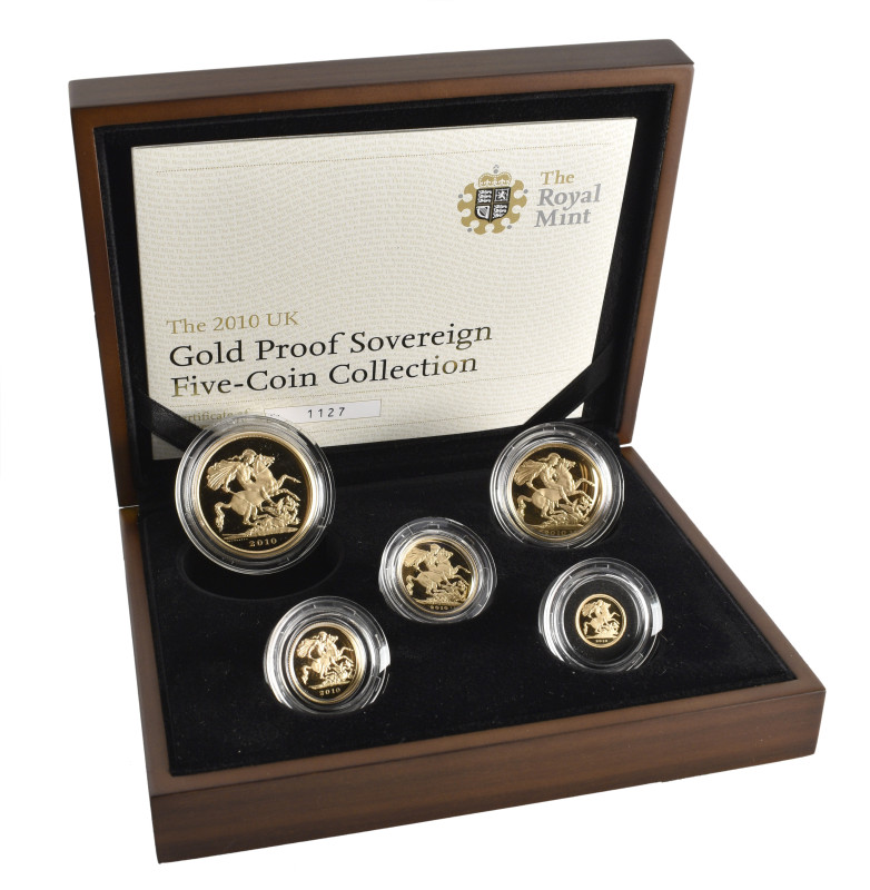 g Elizabeth II, proof set of 5 gold coins, 2010, comprising five-pounds, two-pou...