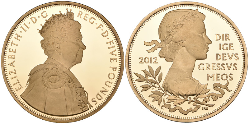 g Elizabeth II, Diamond Jubilee, 2012, proof £5 crown struck in gold, by Ian Ran...