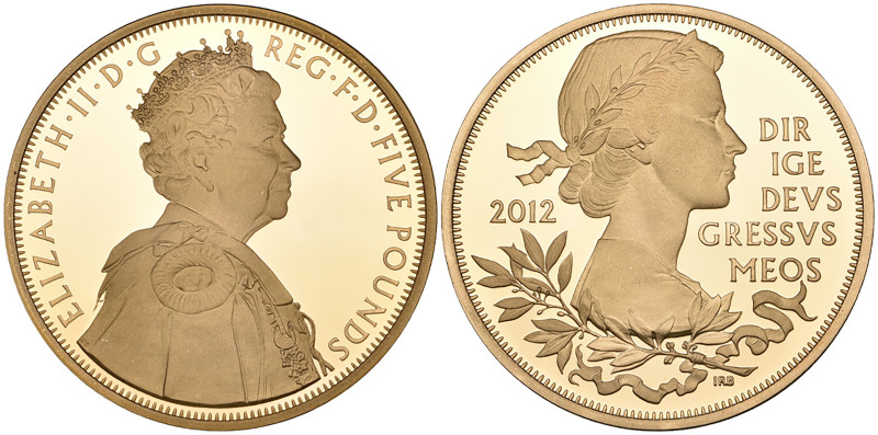 g Elizabeth II, Diamond Jubilee, 2012, proof £5 crown struck in gold, by Ian Ran...