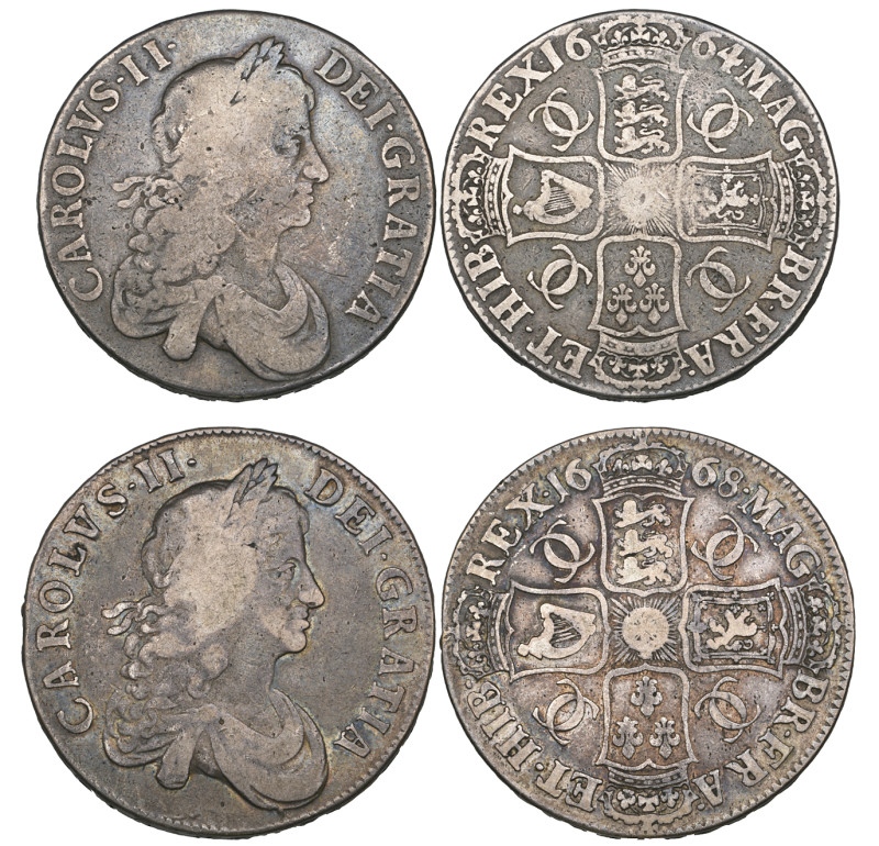 Charles II, crowns (2), 1664 XVI, second bust, on smaller module flan,1668 VICES...