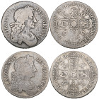 Charles II, crowns (2), 1673 V. QVINTO, 3 of date over 2, third bust, 1679 T. PRIMO, fourth bust (E.S.C. 393, 405; S. 3358, 3359), very good to fine (...