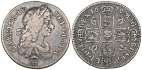 Charles II, shilling, 1679, second bust, with plume below, rev., plume in centre replacing Garter star, 5 or 6 (?) strings to harp (E.S.C. 548; S. 337...