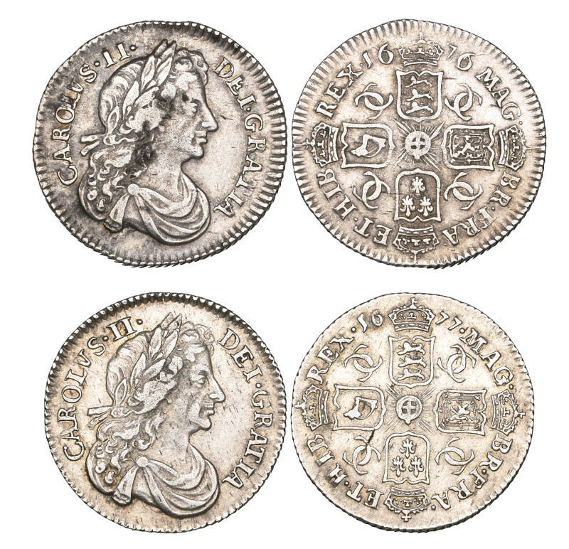 Charles II, sixpences (2), 1676, 6 over 5, 1677, (E.S.C. 570, 571; S. 3382), fir...