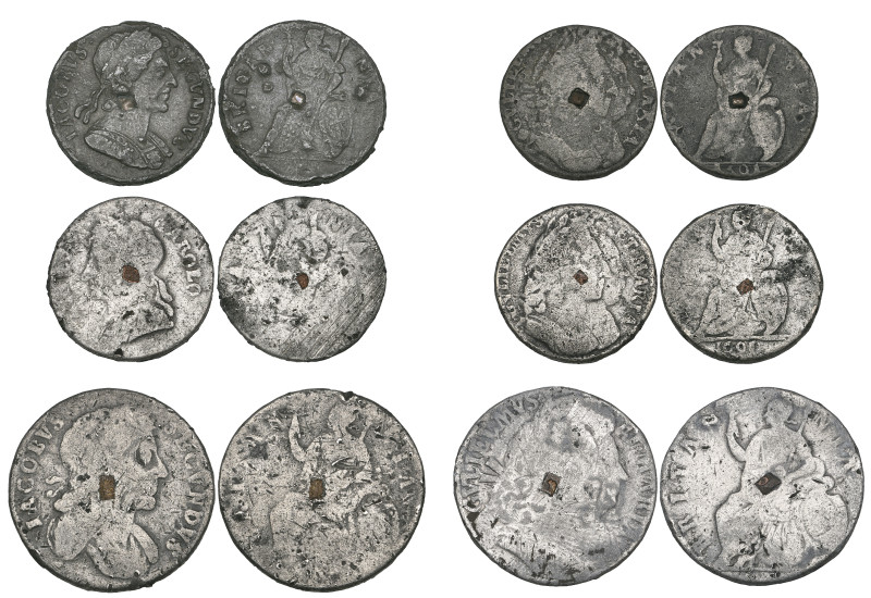 Charles II – William and Mary, tin halfpennies (2), of James II, 1687 and Willia...