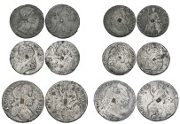 Charles II – William and Mary, tin halfpennies (2), of James II, 1687 and William and Mary (date illegible) and tin farthings (4), 1684 (Charles II), ...