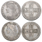 James II, crowns (2), both 1688 QVARTO, second bust, one with misaligned edge lettering caused by a slipped collar (both E.S.C. 746; S. 3407), very go...