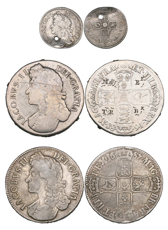 James II (1685-88), crowns (2), second bust, 1687 TERTIO, very good, 1688, 8 ove...