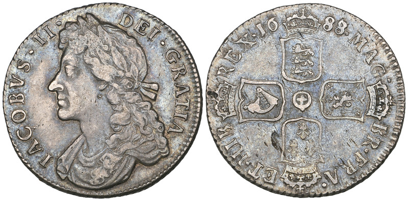 James II, shilling, 1688, second 8 of date over 7 (E.S.C. 772; S. 3410), a few f...