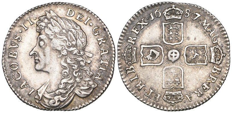 James II, sixpence, 1687, 7 over 6, early shields (E.S.C. 776; S. 3413), better ...