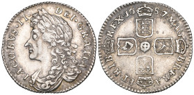 James II, sixpence, 1687, 7 over 6, early shields (E.S.C. 776; S. 3413), better than very fine, overdate clear

Estimate: 150 - 200