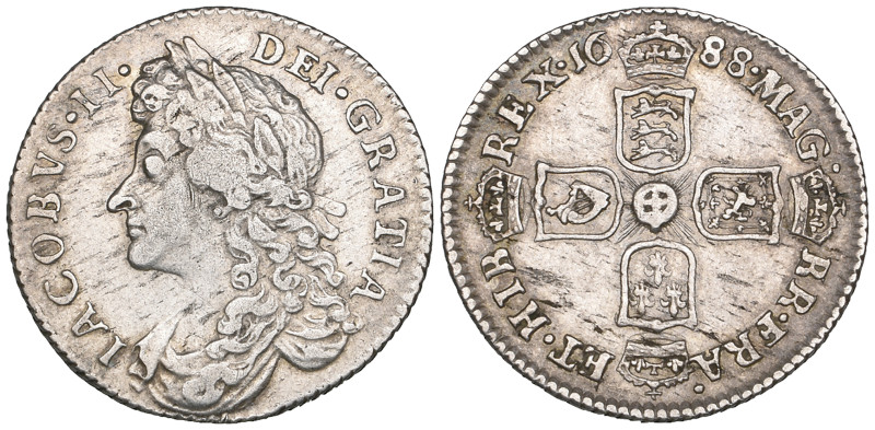 James II, sixpence, 1688, late shields altered from early, B over R in BR (E.S.C...