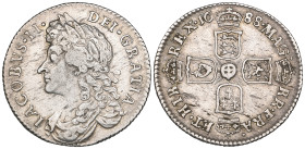 James II, sixpence, 1688, late shields altered from early, B over R in BR (E.S.C. 780; S. 3413), some haymarking, generally very fine, rare

Estimat...