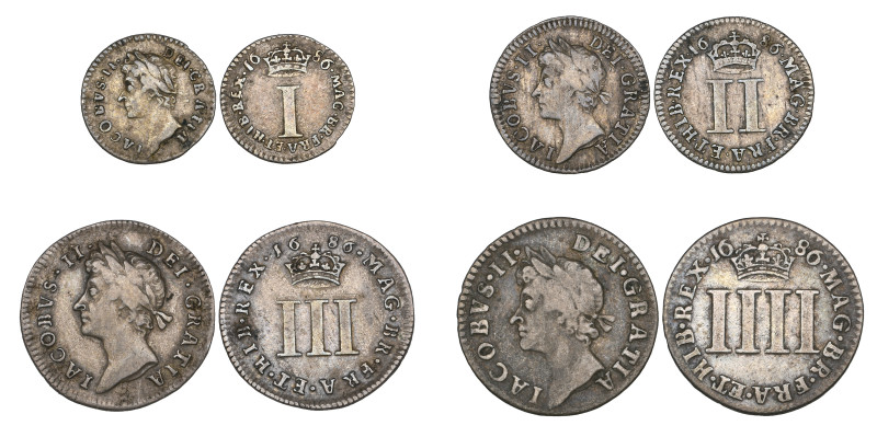 James II, set of four small silver coins, 1686, comprising fourpence, threepence...