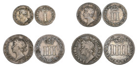 James II, set of four small silver coins, 1686, comprising fourpence, threepence, twopence, small o in IACoBVS and penny, E over I in REX (E.S.C. 781)...