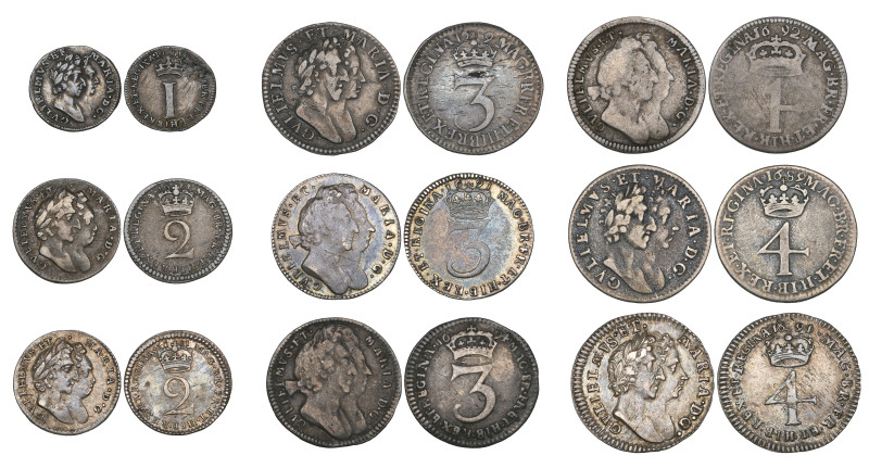 William and Mary, set of four small silver coins, 1691, comprising fourpence, th...