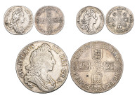 William III, crown, 1696 first bust, OCTAVO (E.S.C. 995, S. 3470), fine and sixpences (2), 1696 first bust, 1699 roses, (E.S.C. 1202, 1245; S. 3520, 3...