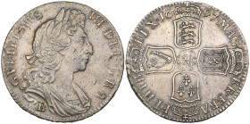 William III, Bristol mint, halfcrown, 1697 B, edge reads NONO, large shields, late harp with 11 rather poorly-defined strings (E.S.C. 1060; S. 3488), ...