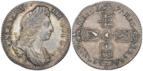 William III, shilling, 1697 B (E.S.C. 1161; S. 3506) on a spread flan with consequent weakness of striking below bust, very fine to good very fine

...