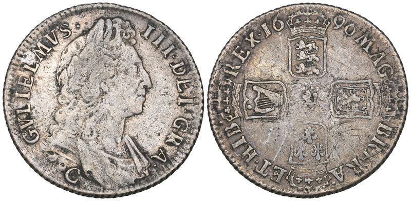 William III, shilling, 1697 C, R of GRA over V (E.S.C. 1166; S. 3499), probably ...