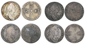 William III, shillings (4), 1697 (London), third bust variety (E.S.C. 1132; S. 3511), fine, 1696 B, small x in REX (E.S.C. 1159; S. 3498), 1697 C, wit...