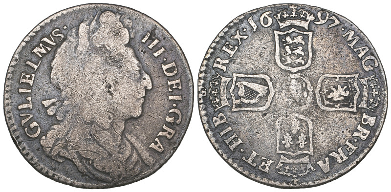 William III, sixpence, 1697 second bust (E.S.C. 1224; S. 3537), with old surface...