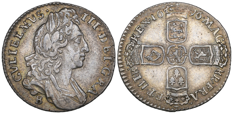 William III, sixpence, 1696 B, first bust (E.S.C. 1255; S. 3521), very fine and ...