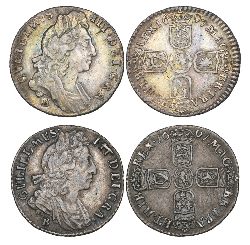 William III, sixpences (2), both 1697 B, comprising first bust, late harp, small...