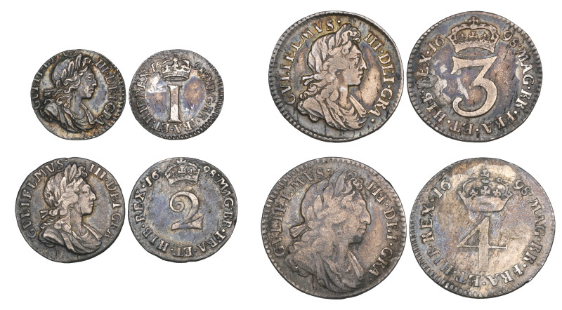 William III, set of four small silver coins, 1698, comprising fourpence, threepe...